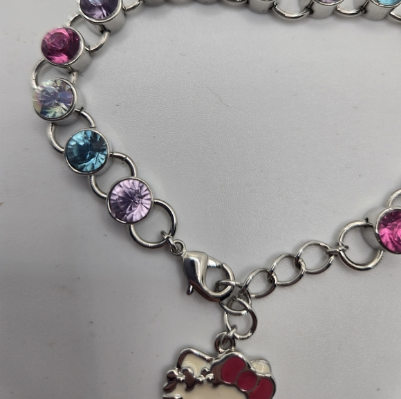 Hello Kitty Charm Bracelet Rhinestone Sanrio with Box Enamel Silvertone Gift - Picture 2 of 11